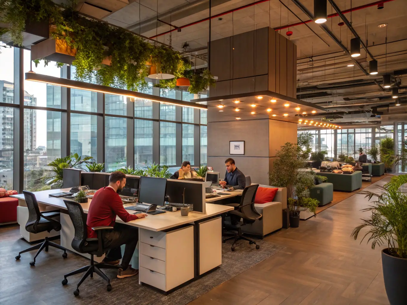 A photograph depicting a well-organized and efficient office environment, symbolizing improved operational efficiency after ISO implementation. The setting is modern and professional, with employees working collaboratively.