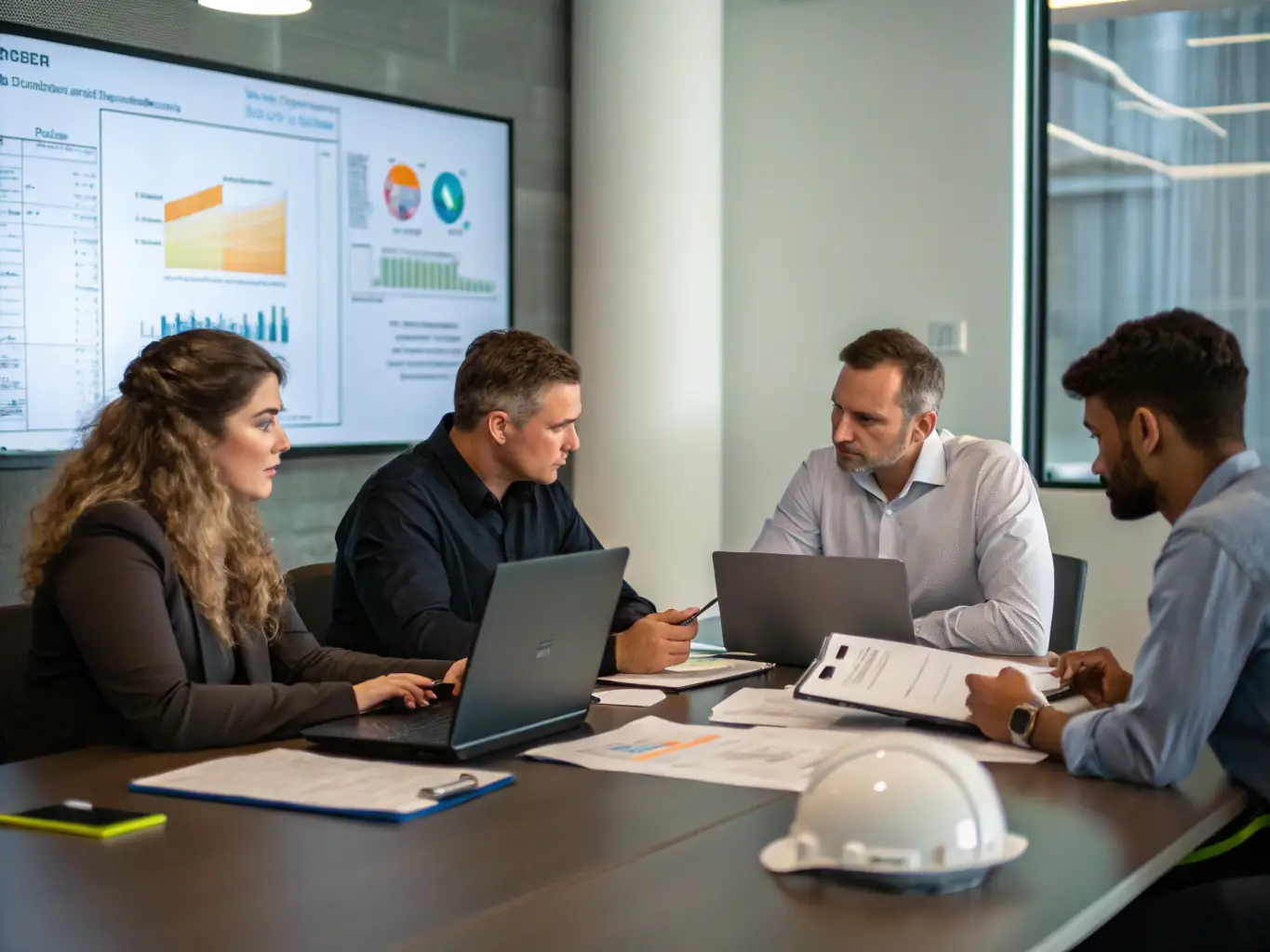 A team collaborating on an environmental health and safety (EHS) plan, focusing on risk assessment and compliance with ISO 14001 standards.